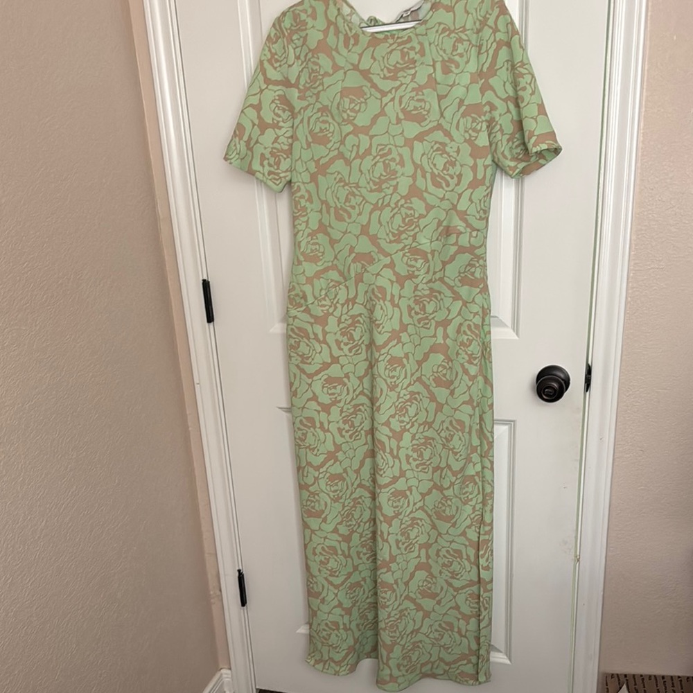 Floral Green and Tan Dress